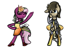 Size: 641x439 | Tagged: safe, artist:lilliesinthegarden, character:cheerilee, character:derpy hooves, character:doctor whooves, character:time turner, species:earth pony, species:pegasus, species:pony, bipedal, boots, bow, cheeribetes, clothing, cute, dress, eyes closed, floppy ears, hat, headband, necktie, nurse turner, semi-anthro, shoes, smiling, snail, snail fashion, suit