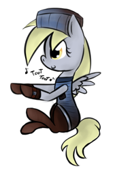 Size: 341x497 | Tagged: safe, artist:lilliesinthegarden, character:derpy hooves, species:pegasus, species:pony, c:, clothing, female, hat, mare, sitting, socks, solo, train conductor, watch