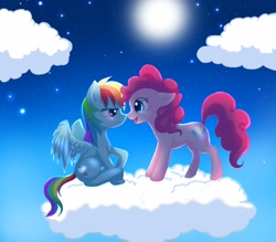 Size: 2912x2550 | Tagged: safe, artist:jacky-bunny, character:pinkie pie, character:rainbow dash, ship:pinkiedash, cloud, cloudy, female, high res, lesbian, moon, night, shipping, stars