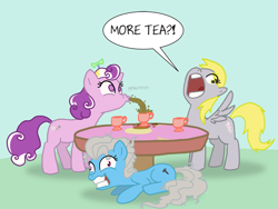 Size: 1950x1463 | Tagged: safe, artist:professor-ponyarity, character:derpy hooves, character:screw loose, character:screwball, species:earth pony, species:pegasus, species:pony, brandon rogers, cup, dialogue, female, insanity, mare, screwy, table, tea, tea party, teacup, trio