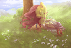 Size: 1800x1200 | Tagged: safe, artist:wolfiedrawie, character:fluttershy, species:bird, species:pegasus, species:pony, animal, clothing, eyes closed, female, flower, folded wings, prone, scenery, see-through, smiling, solo, squirrel, tree, under the tree, windswept mane