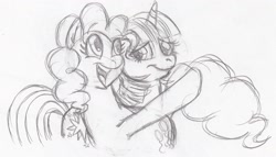 Size: 2224x1272 | Tagged: safe, artist:enigmaticfrustration, character:pinkie pie, character:twilight sparkle, species:earth pony, species:pony, species:unicorn, ship:twinkie, g4, female, grayscale, lesbian, mare, monochrome, pencil drawing, shipping, sketch, traditional art