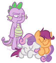 Size: 608x680 | Tagged: safe, artist:steeve, edit, character:scootaloo, character:spike, character:sweetie belle, species:pegasus, species:pony, annoyed, sleeping