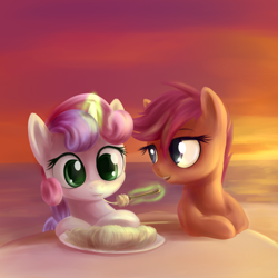 Size: 1600x1600 | Tagged: safe, artist:sokolas, character:scootaloo, character:sweetie belle, species:pegasus, species:pony, ship:scootabelle, eating, female, food, lesbian, magic, shipping, spaghetti, sunset