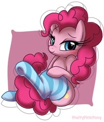 Size: 720x847 | Tagged: safe, artist:prettypinkpony, character:pinkie pie, abstract background, adorasexy, bedroom eyes, blushing, clothing, cute, diapinkes, female, sexy, sitting, socks, solo, striped socks