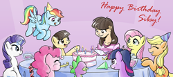 Size: 1800x800 | Tagged: safe, artist:muffinshire, character:applejack, character:fluttershy, character:pinkie pie, character:rainbow dash, character:rarity, character:spike, character:twilight sparkle, character:wild fire, species:human, birthday, birthday cake, cake, clothing, happy birthday, hat, human ponidox, mane seven, party, party hat, ponidox, pyrokinesis, sibsy