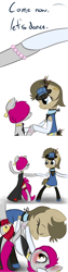 Size: 750x3000 | Tagged: safe, artist:lilliesinthegarden, character:doctor whooves, character:time turner, oc, oc:kryptfoal, blushing, bracelet, clothing, collar, comic, crossdressing, dancing, dress, earring, hat, male, necklace, nurse turner, prom, stockings, trap, tumblr