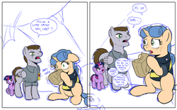 Size: 1000x620 | Tagged: safe, artist:muffinshire, character:twilight sparkle, oc, oc:sergeant thunderhead, comic:twilight's first day, comic, dexterous hooves, filly, hyperventilating, paper bag, scar, wip