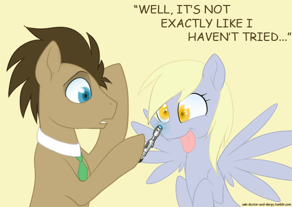 Size: 584x415 | Tagged: safe, artist:si1vr, character:derpy hooves, character:doctor whooves, character:time turner, species:earth pony, species:pegasus, species:pony, animated, doctor who, duo, female, mare, necktie, sonic screwdriver, the doctor