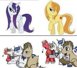 Size: 357x317 | Tagged: safe, artist:gasmaskfox, character:big mcintosh, character:braeburn, character:doctor whooves, character:prince blueblood, character:rarity, character:shining armor, character:time turner, species:earth pony, species:pony, 4koma, comic, everypony's gay for braeburn, exploitable meme, gay, male, reaction guys, reaction image, stallion, wet, wet mane, wet mane rarity