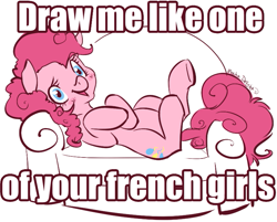 Size: 773x622 | Tagged: safe, artist:clovercoin, character:pinkie pie, species:earth pony, species:pony, crossover, draw me like one of your french girls, female, mare, on back, parody, solo, titanic
