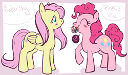 Size: 719x419 | Tagged: safe, artist:clovercoin, character:fluttershy, character:pinkie pie, ship:flutterpie, female, flower, lesbian, shipping