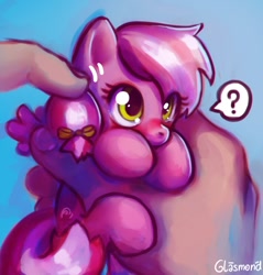Size: 946x988 | Tagged: safe, artist:glasmond, oc, oc only, oc:candy star, species:human, species:pegasus, species:pony, blushing, cute, ear scratch, hand, holding a pony, in goliath's palm, micro, ocbetes, question mark, weapons-grade cute