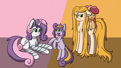 Size: 1280x720 | Tagged: safe, artist:scramjet747, character:sweetie belle, oc, oc:energy, oc:harmony, oc:unity, parent:sweetie belle, parents:canon x oc, species:pony, species:unicorn, sweetie bot, bipedal, cute, cutie mark, female, filly, floppy ears, foal, future sweetie bot, hooves, horn, lying down, magical lesbian spawn, mare, offspring, older, open mouth, parent:oc:energy, parent:sweetie bot, robot, robot pony, scientific lesbian spawn, solo, standing, teeth