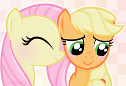 Size: 1280x870 | Tagged: safe, artist:euphoriapony, character:applejack, character:fluttershy, ship:appleshy, blushing, female, lesbian, missing accessory, nuzzling, shipping