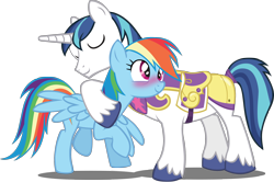 Size: 2720x1802 | Tagged: safe, artist:trotsworth, character:rainbow dash, character:shining armor, species:pegasus, species:pony, species:unicorn, armor, blushing, cross-eyed, eyes closed, female, hug, male, shining armor gets all the mares, shiningdash, shipping, simple background, smiling, spread wings, straight, transparent background, vector, wingboner, wings
