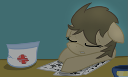 Size: 593x358 | Tagged: safe, artist:lilliesinthegarden, character:doctor whooves, character:time turner, clothing, desk, exhausted, hat, male, night, nurse turner, paper, sleeping, solo