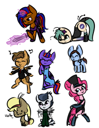 Size: 582x750 | Tagged: safe, artist:lilliesinthegarden, character:pinkie pie, character:rumble, oc, species:pony, :3, antennae, bipedal, blushing, bow, cane, clothing, cute, dancing, dress, faceplant, hat, necktie, request, sweater, sword, top hat, vest