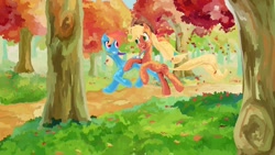 Size: 1920x1080 | Tagged: safe, artist:my-magic-dream, character:applejack, character:rainbow dash, autumn, leaves, running, running of the leaves, tree