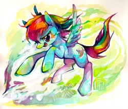 Size: 1477x1259 | Tagged: safe, artist:mi-eau, character:rainbow dash, species:pegasus, species:pony, g4, abstract background, action pose, color porn, eyestrain warning, female, flying, mare, photoshop, solo, traditional art, watercolor painting