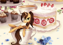 Size: 3313x2360 | Tagged: safe, artist:my-magic-dream, oc, oc only, species:pony, species:unicorn, cake, cupcake, flower, food, micro, pancakes, solo, teacup