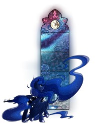 Size: 1412x1850 | Tagged: safe, artist:secret-pony, character:princess luna, female, long mane, long tail, mare in the moon, moon, raised hoof, raised leg, simple background, solo, spread wings, stained glass, transparent background, wings