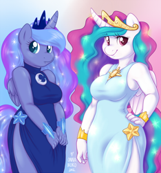 Size: 1000x1070 | Tagged: safe, artist:onnanoko, character:princess celestia, character:princess luna, species:alicorn, species:anthro, species:pony, clothing, curvy, cute, dress, duo, female, looking at you