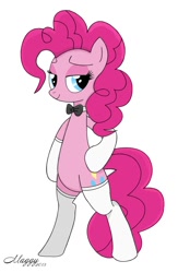 Size: 722x1106 | Tagged: safe, artist:nevobaster, character:pinkie pie, species:pony, bipedal, bow tie, clothing, female, socks, solo