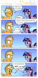 Size: 1890x3895 | Tagged: safe, artist:redapropos, character:applejack, character:twilight sparkle, character:twilight sparkle (unicorn), species:earth pony, species:pony, species:unicorn, ship:twijack, bedroom eyes, blushing, clothing, comic, dialogue, exclamation point, eye contact, female, grin, hat, lesbian, looking at each other, mare, one eye closed, open mouth, prostitution, simple background, smiling, speech bubble, surprised, text, wide eyes, wink