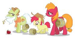 Size: 3937x1996 | Tagged: safe, artist:trotsworth, character:apple bloom, character:big mcintosh, character:granny smith, species:pony, apple, applebuck, barrel, beard, clothing, colt, cowboy hat, facial hair, female, food, grampy smith, hat, macareina, male, mare, moustache, rule 63, scarf, simple background, stallion, stetson, straw in mouth, transparent background, trio
