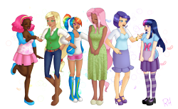Size: 2600x1600 | Tagged: safe, artist:robynne, character:applejack, character:fluttershy, character:pinkie pie, character:rainbow dash, character:rarity, character:twilight sparkle, humanized