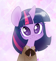 Size: 800x868 | Tagged: safe, artist:lolopan, character:twilight sparkle, species:pony, species:unicorn, clothing, cute, female, heart, horn, looking at you, necktie, shirt, simple background, smiling, solo, sparkles, twiabetes