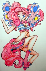 Size: 701x1090 | Tagged: safe, artist:divinekitten, character:pinkie pie, breasts, cleavage, clothing, fairy, fairy wings, female, humanized, magic winx, midriff, skinny, solo, tailed humanization, traditional art, wings, winx club, winxified