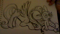 Size: 560x317 | Tagged: safe, artist:enigmaticfrustration, character:fluttershy, character:spike, ship:flutterspike, female, male, shipping, straight, traditional art