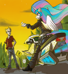 Size: 860x929 | Tagged: safe, artist:theartrix, character:princess celestia, species:anthro, species:human, beckoning, biker, biker princess from equestria, boots, clothing, high heel boots, hoverbike, jacket, jeans, pants, shoes