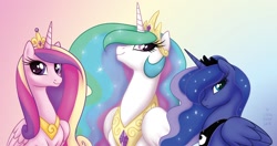 Size: 1500x793 | Tagged: safe, artist:onnanoko, character:princess cadance, character:princess celestia, character:princess luna, bedroom eyes, cute, frown, looking at you, smiling