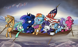 Size: 2300x1400 | Tagged: safe, artist:slitherpon, character:applejack, character:lyra heartstrings, character:pinkie pie, character:princess luna, character:rainbow dash, character:rarity, character:scootaloo, character:trixie, species:pegasus, species:pony, 4th of july, american independence day, american revolution, boat, classic art, crossing the delaware, fine art parody, flag, independence day, parody, river, united states, washington crossing the delaware