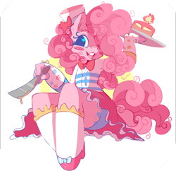 Size: 950x920 | Tagged: safe, artist:clockworkquartet, character:pinkie pie, species:anthro, species:earth pony, g4, blushing, bow tie, cake, candle, clothing, cute, female, fire, food, hair over one eye, hat, knife, mare, panties, shoes, skirt, socks, solo, underwear, upskirt