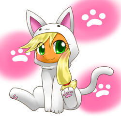 Size: 1000x1000 | Tagged: safe, artist:hashioaryut, character:applejack, :3, applecat, blushing, cat, cat's pajamas, clothing, costume, cute, female, footed sleeper, freckles, jackabetes, kigurumi, looking at you, pajamas, paw print hooves, pixiv, sitting, solo