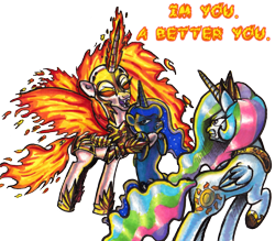 Size: 1731x1519 | Tagged: safe, artist:darkone10, character:nightmare star, character:princess celestia, character:princess luna, celestia is not amused, gritted teeth, luna is not amused, ponidox, self ponidox, simple background