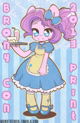 Size: 1515x2329 | Tagged: safe, artist:lolopan, character:pinkie pie, species:anthro, 2013, apron, bow, bronycon, clothing, dessert, dress, female, food, lace effects, looking at you, milkshake, pinstripes, ponytail, print, shoes, simple background, smiling, socks, solo, tray, waitress, wingding eyes