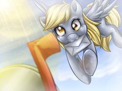 Size: 2000x1500 | Tagged: safe, artist:jadedjynx, character:derpy hooves, species:pegasus, species:pony, :3, female, letter, mail, mare, mouth hold, solo