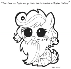Size: 1032x1000 | Tagged: safe, artist:abronyaccount, character:applejack, species:pony, baby, baby pony, babyjack, beard, diaper, facial hair, female, filly, foal, lineart, monochrome, sitting, solo