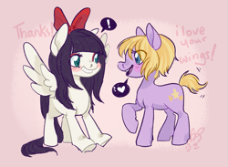 Size: 1271x931 | Tagged: safe, artist:clovercoin, oc, oc only, oc:lolopony, oc:starcrossed, bow, dialogue