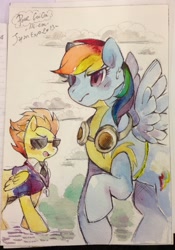 Size: 1280x1824 | Tagged: safe, artist:mi-eau, character:rainbow dash, character:spitfire, species:pegasus, species:pony, episode:wonderbolts academy, clothing, female, goggles, japan expo, japanese, mare, scene interpretation, traditional art, watercolor painting, wonderbolt trainee uniform