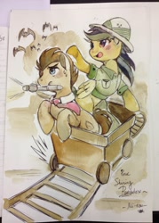 Size: 1280x1787 | Tagged: safe, artist:mi-eau, character:daring do, character:doctor whooves, character:time turner, crossover, doctor who, japan expo, necktie, railroad cart, riding, sonic screwdriver, traditional art, watercolor painting