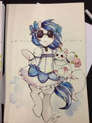 Size: 1280x1707 | Tagged: safe, artist:mi-eau, character:dj pon-3, character:vinyl scratch, alien, clothing, crossover, glasses, incubator (species), kyubey, magical girl, puella magi madoka magica, traditional art, watercolor painting
