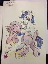Size: 1280x1707 | Tagged: safe, artist:mi-eau, character:princess cadance, character:shining armor, species:pony, bipedal, dancing, flower, flower in mouth, japan expo, mouth hold, photo, rose, sparkles, traditional art, unshorn fetlocks, watercolor painting