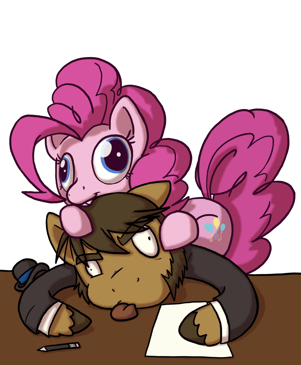 Size: 1000x1210 | Tagged: safe, artist:professor-ponyarity, character:pinkie pie, oc, ponysona, animated, drawing, one word, pony hat, table