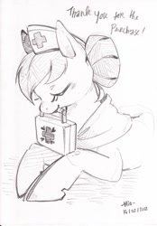 Size: 811x1168 | Tagged: safe, artist:mi-eau, character:nurse redheart, species:earth pony, species:pony, eyes closed, female, first aid, grayscale, mare, monochrome, mouth hold, simple background, solo, traditional art, white background